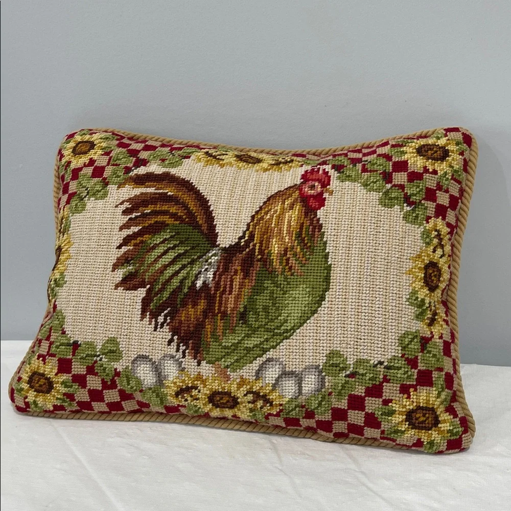 Sunflower Rooster Needlepoint decor Pillow vintage cottage farmhouse country - Picture 2 of 16